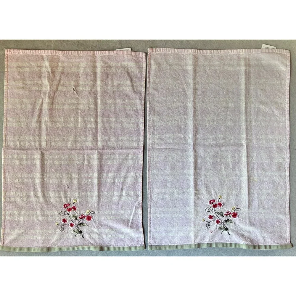 Laura Ashley Embroidered Floral Cotton Tea Towels Set Green Ribbon Trim VTG